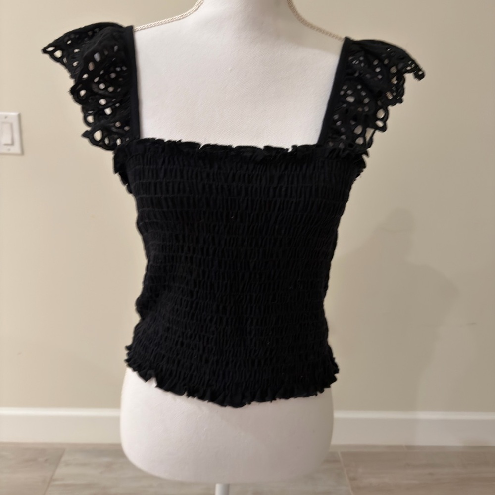 Anthropolgie Eri + Ali Black Smocked Tank Top with Eyelet Straps